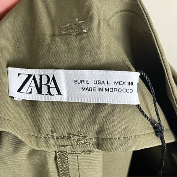 Zara Pants Womens size large Olive Green Paperbag Waist Belted Tapered Cargo NWT - Picture 7 of 14